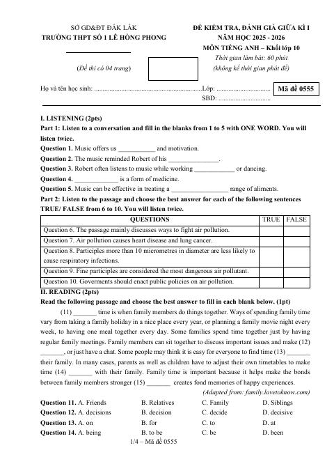 Đề thi Giữa kì 1 Tiếng Anh 10 năm 2025-2026 trường THPT Số 1 Lê Hồng Phong (Đắk Lắk)